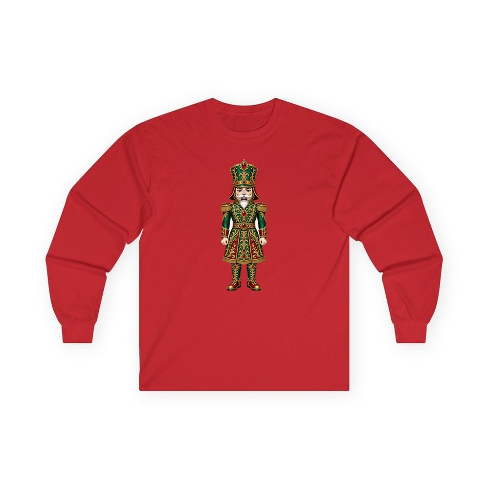 Emerald And Gold Nutcracker personalised long sleeve Christmas T-shirt in red
