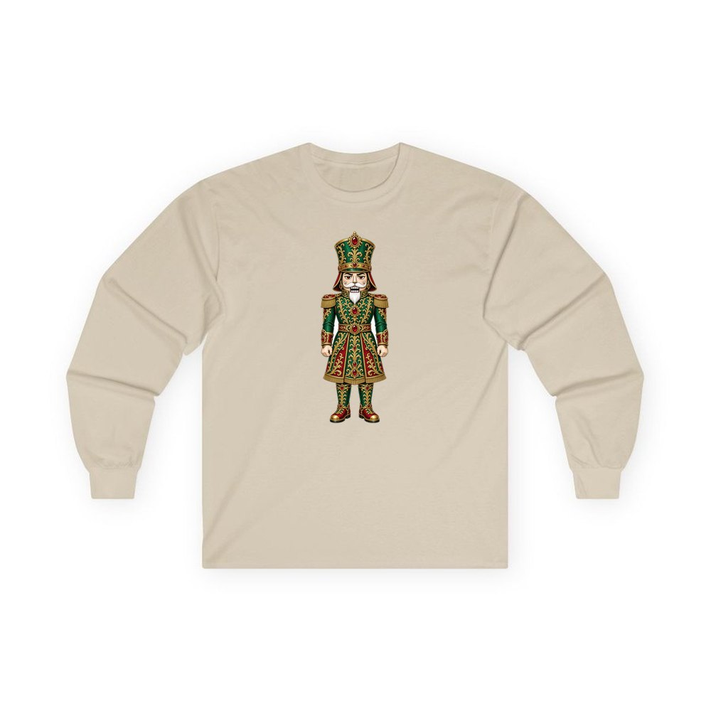 Emerald And Gold Nutcracker personalised long sleeve Christmas T-shirt in sand