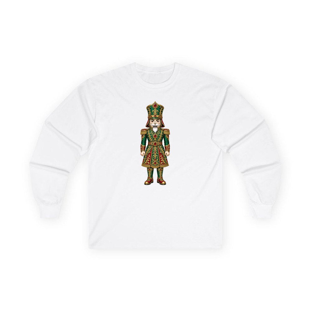 Emerald And Gold Nutcracker personalised long sleeve Christmas T-shirt in white