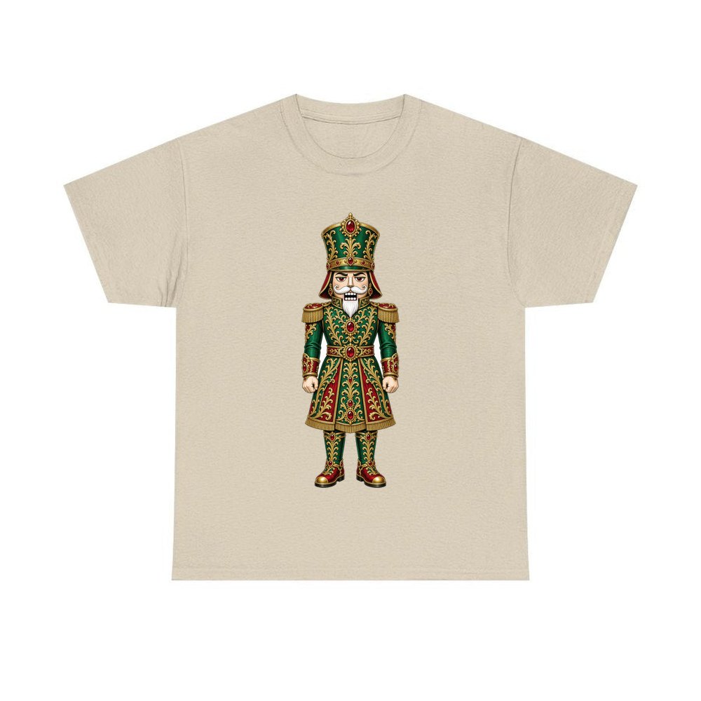 Emerald And Gold Nutcracker personalised Christmas T-shirt in sand