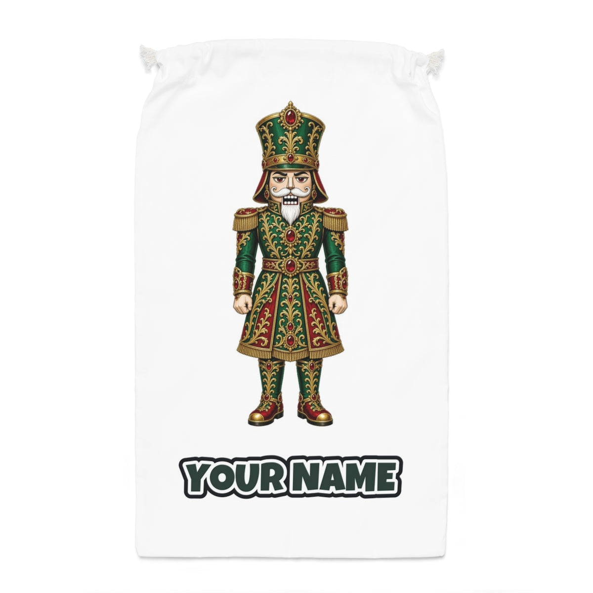 Emerald And Gold Nutcracker Santa sack laid flat, showing the full print