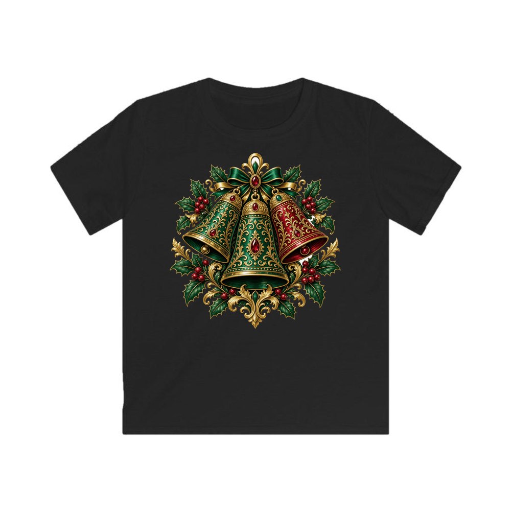 Emerald and Ruby Christmas Bells personalised kids Christmas tee in black