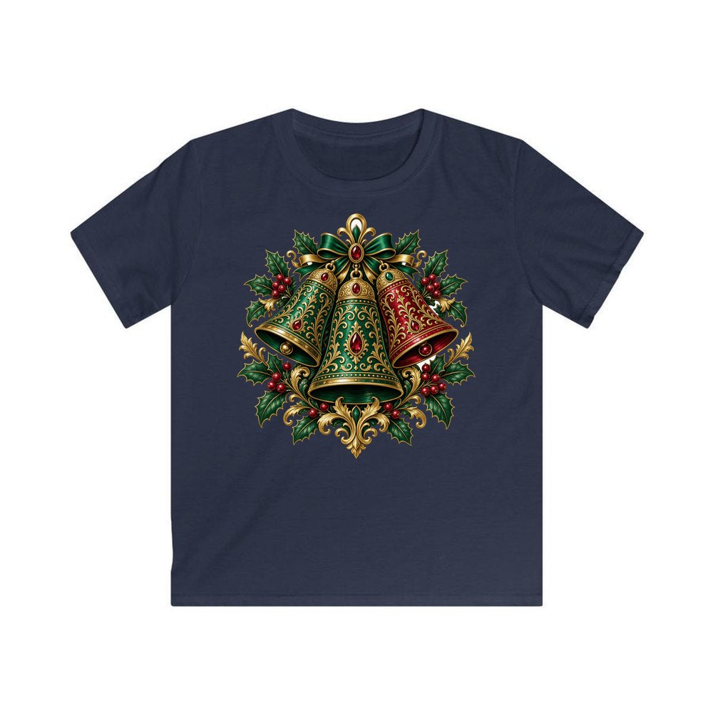 Emerald and Ruby Christmas Bells personalised kids Christmas tee in navy