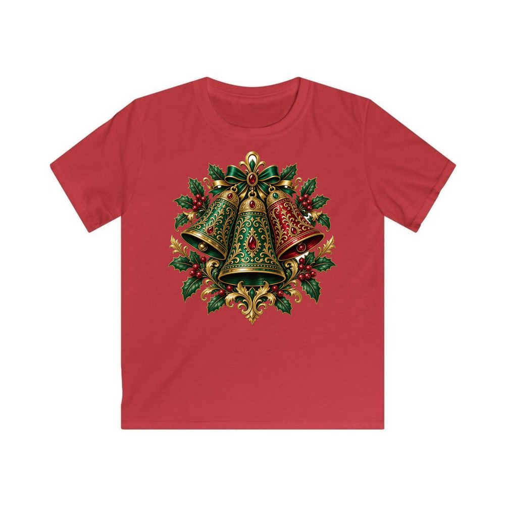 Emerald and Ruby Christmas Bells personalised kids Christmas tee in red