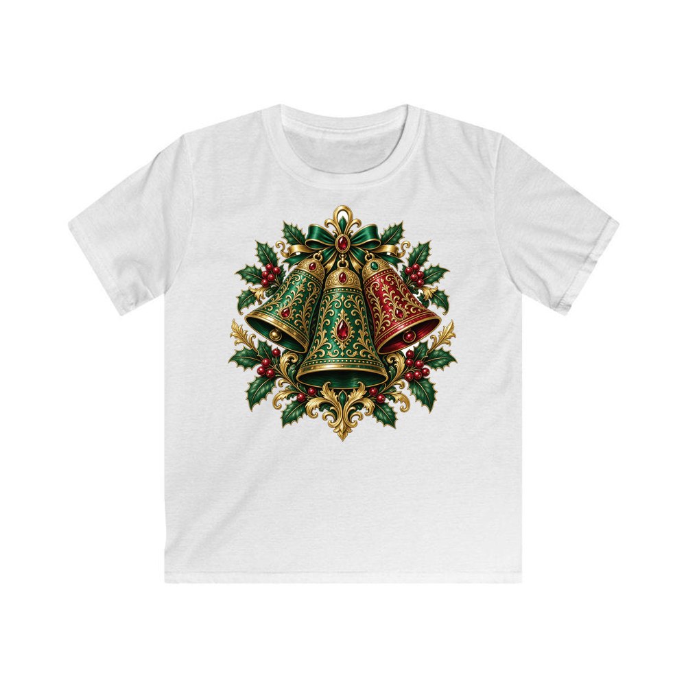 Emerald and Ruby Christmas Bells personalised kids Christmas tee in white