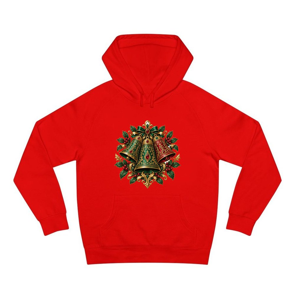 Emerald and Ruby Christmas Bells personalised Christmas hoodie in red