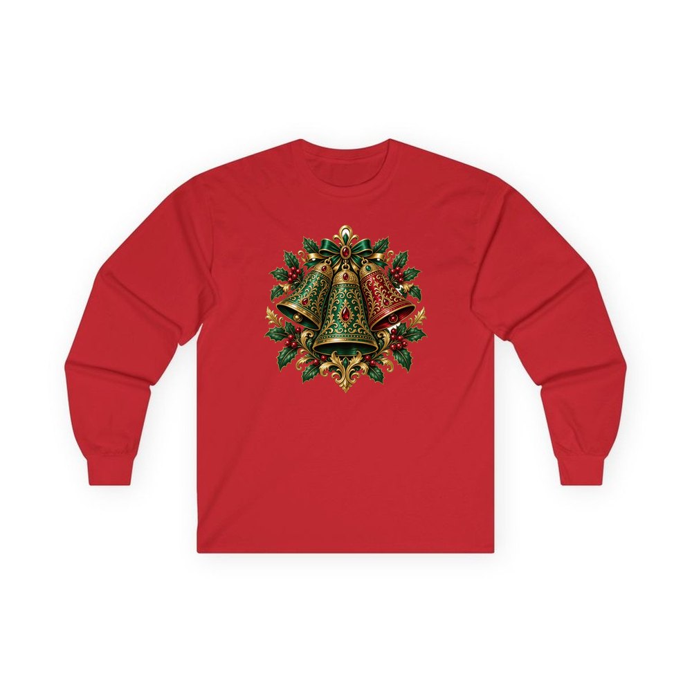 Emerald and Ruby Christmas Bells personalised long sleeve Christmas T-shirt in red