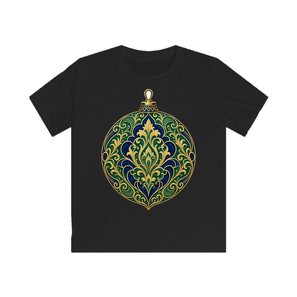 Emerald And Sapphire Bauble personalised kids Christmas tee in black