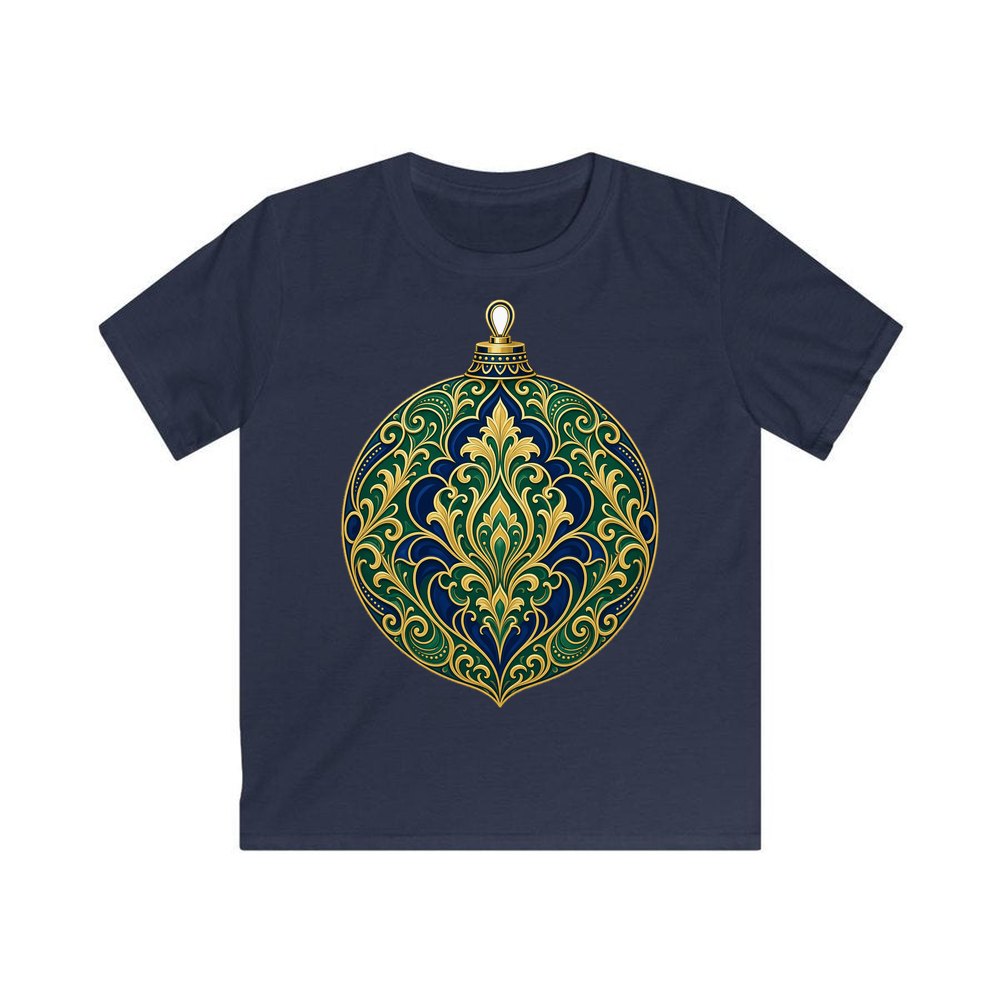 Emerald And Sapphire Bauble personalised kids Christmas tee in navy