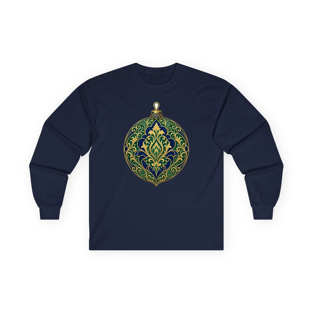 Emerald And Sapphire Bauble personalised long sleeve Christmas T-shirt in navy
