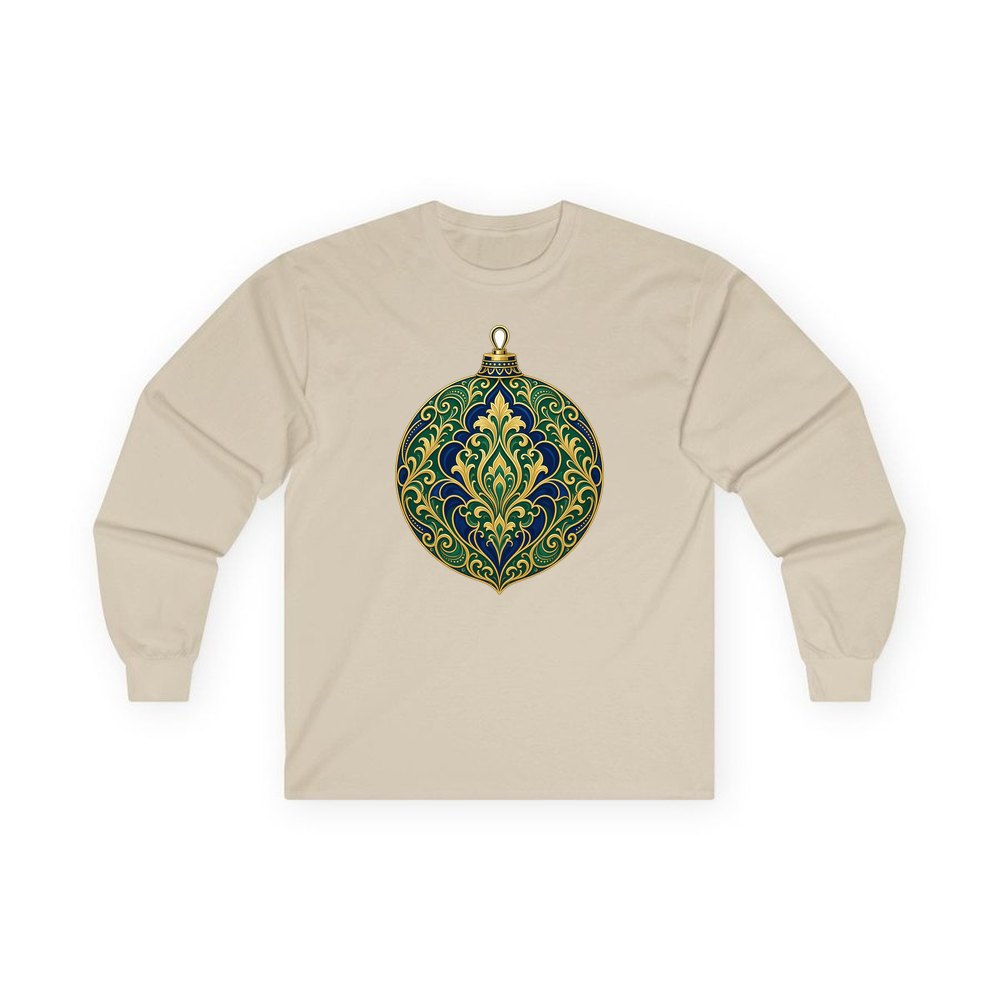 Emerald And Sapphire Bauble personalised long sleeve Christmas T-shirt in sand