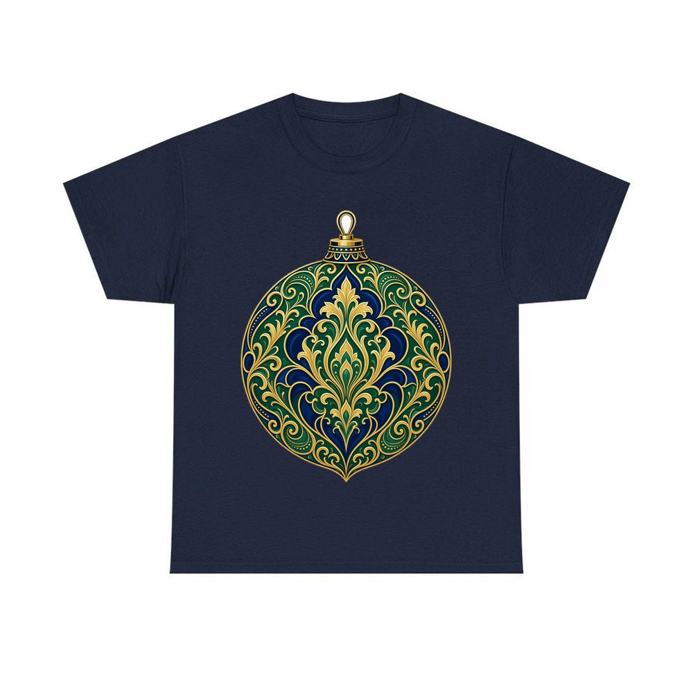 Emerald And Sapphire Bauble personalised Christmas T-shirt in navy
