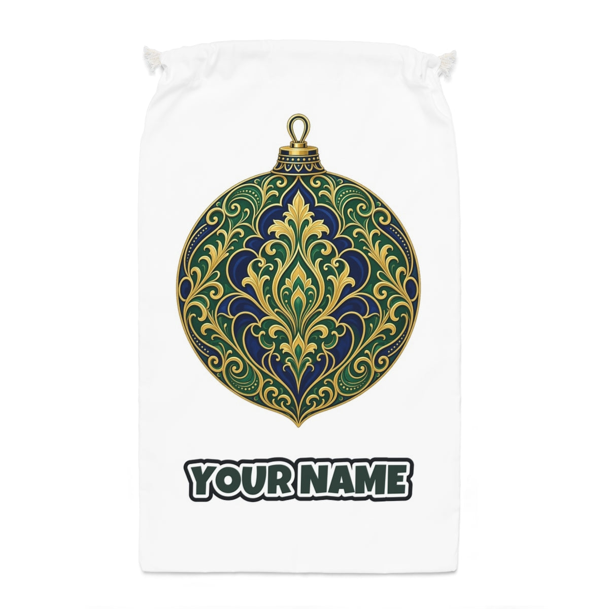 Emerald And Sapphire Bauble Santa sack laid flat, showing the full print