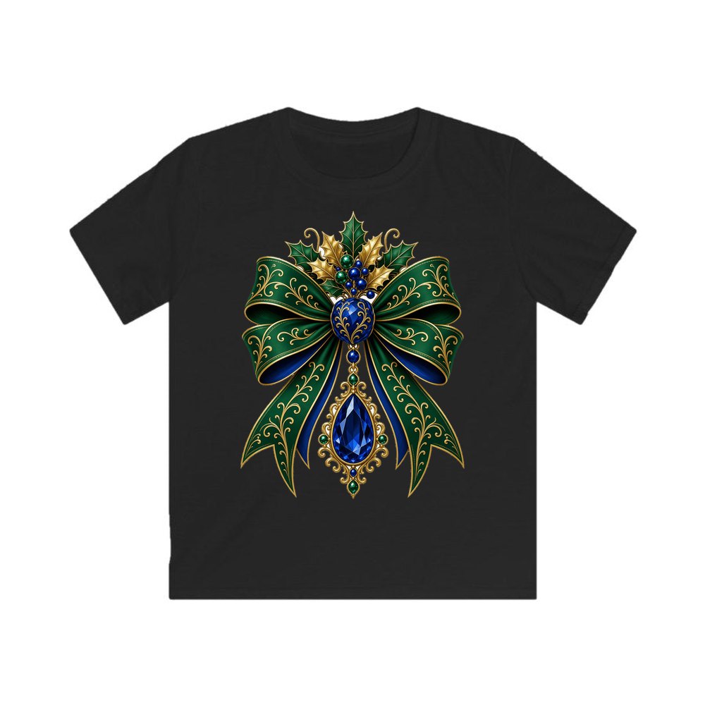 Emerald And Sapphire Jewelled Bow personalised kids Christmas tee in black