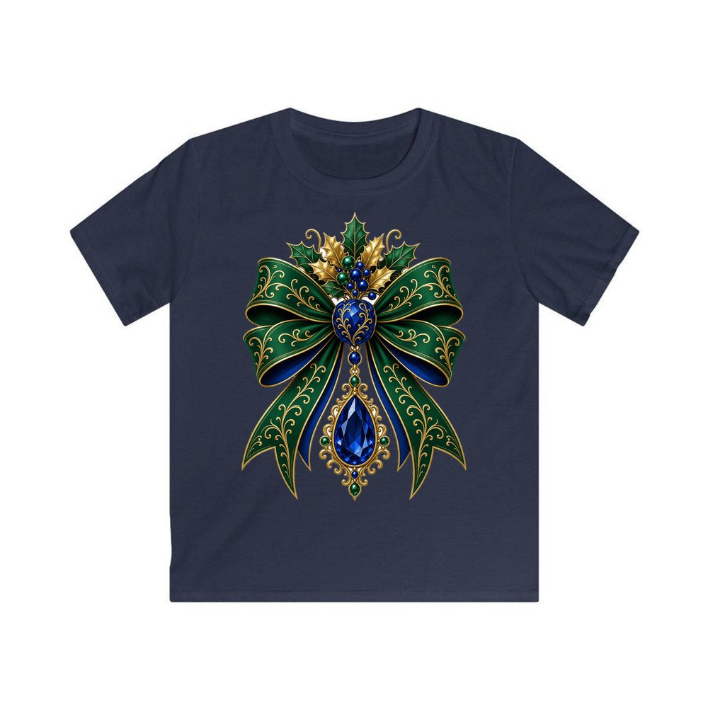 Emerald And Sapphire Jewelled Bow personalised kids Christmas tee in navy