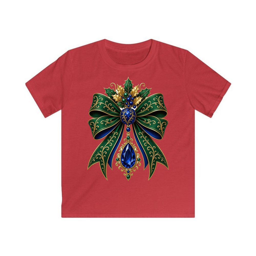 Emerald And Sapphire Jewelled Bow personalised kids Christmas tee in red