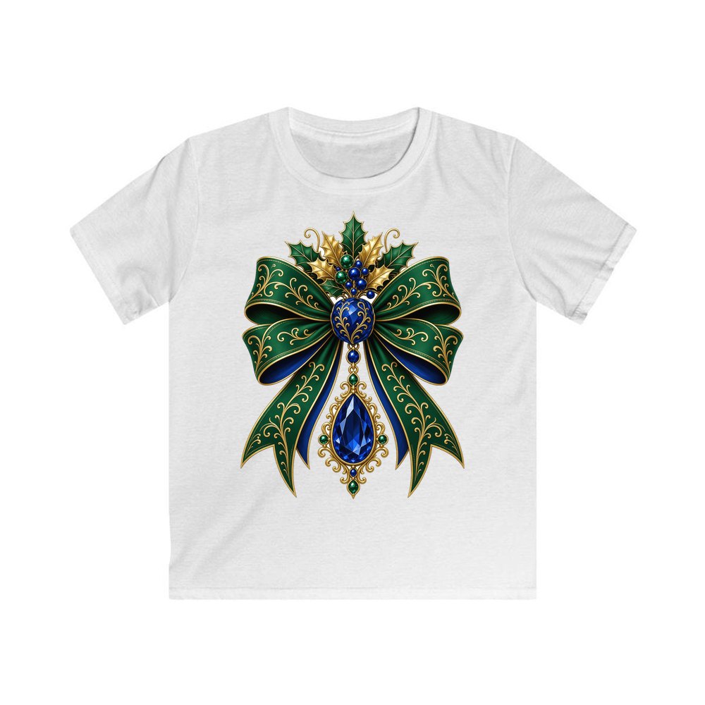 Emerald And Sapphire Jewelled Bow personalised kids Christmas tee in white