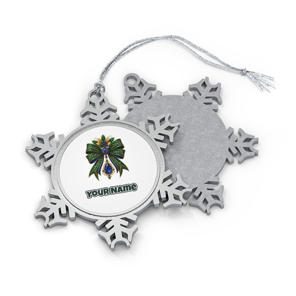 Emerald And Sapphire Jewelled Bow Personalised Pewter Christmas Ornament