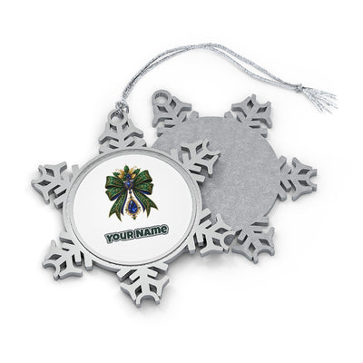 Emerald And Sapphire Jewelled Bow Personalised Pewter Christmas Ornament