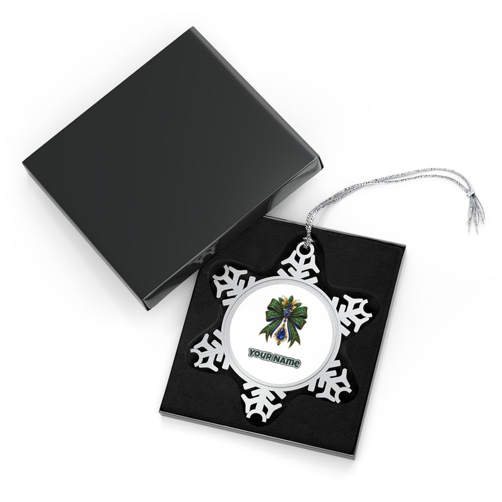 Emerald And Sapphire Jewelled Bow Personalised Pewter Christmas Ornament
