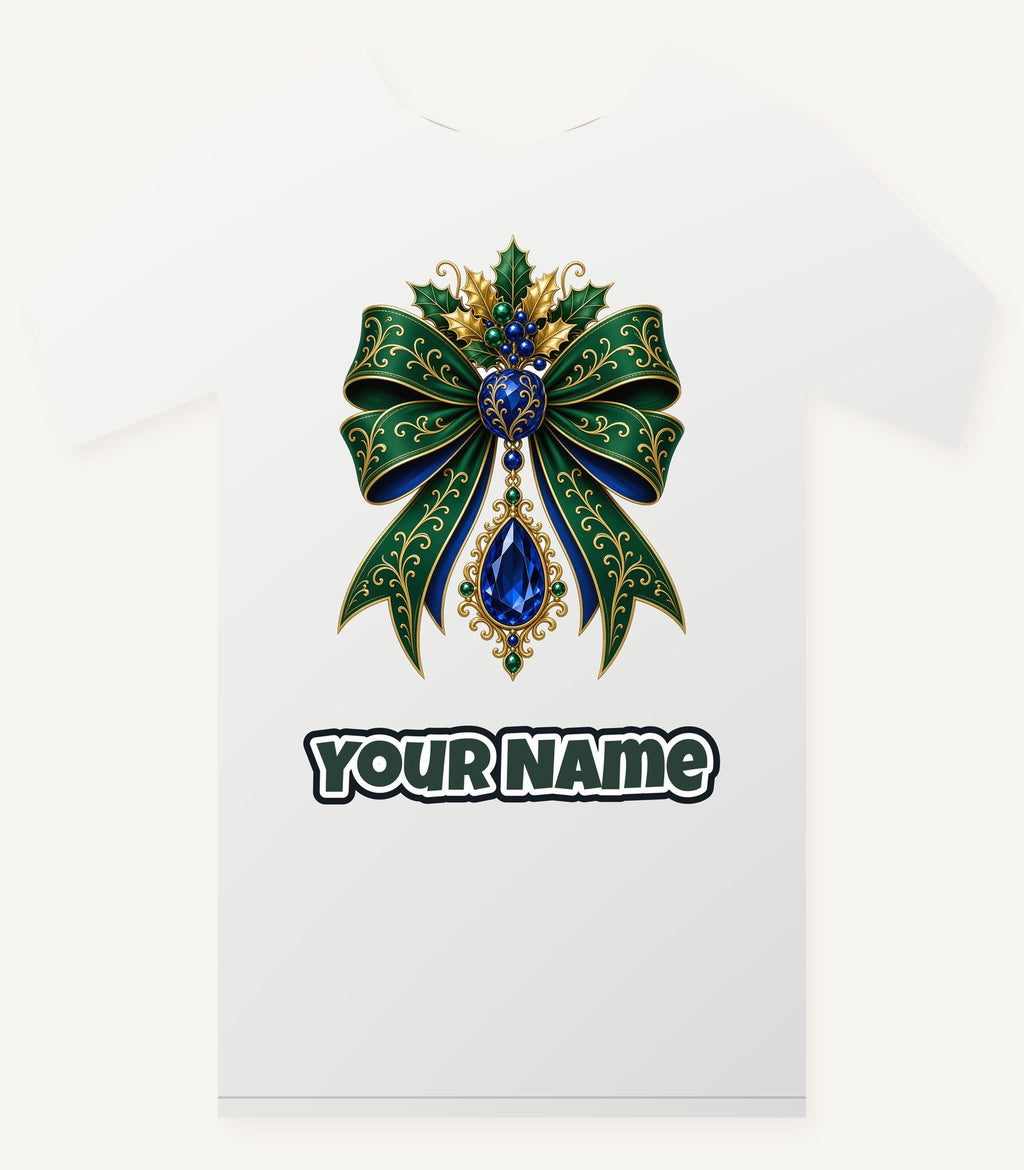 Emerald And Sapphire Jewelled Bow Personalised Christmas T-Shirt and Hoodie