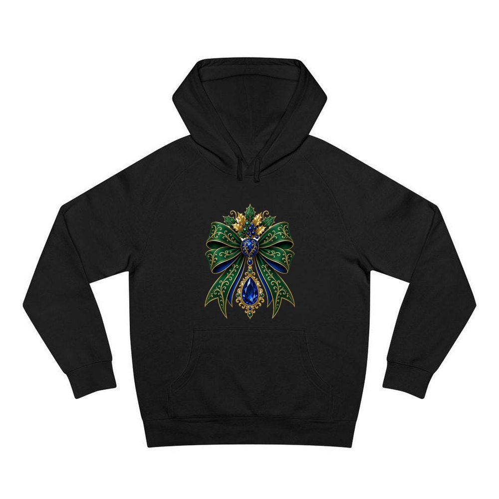 Emerald And Sapphire Jewelled Bow personalised Christmas hoodie in black