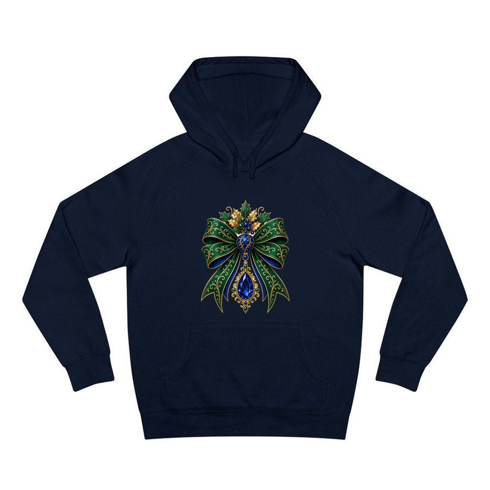 Emerald And Sapphire Jewelled Bow personalised Christmas hoodie in navy