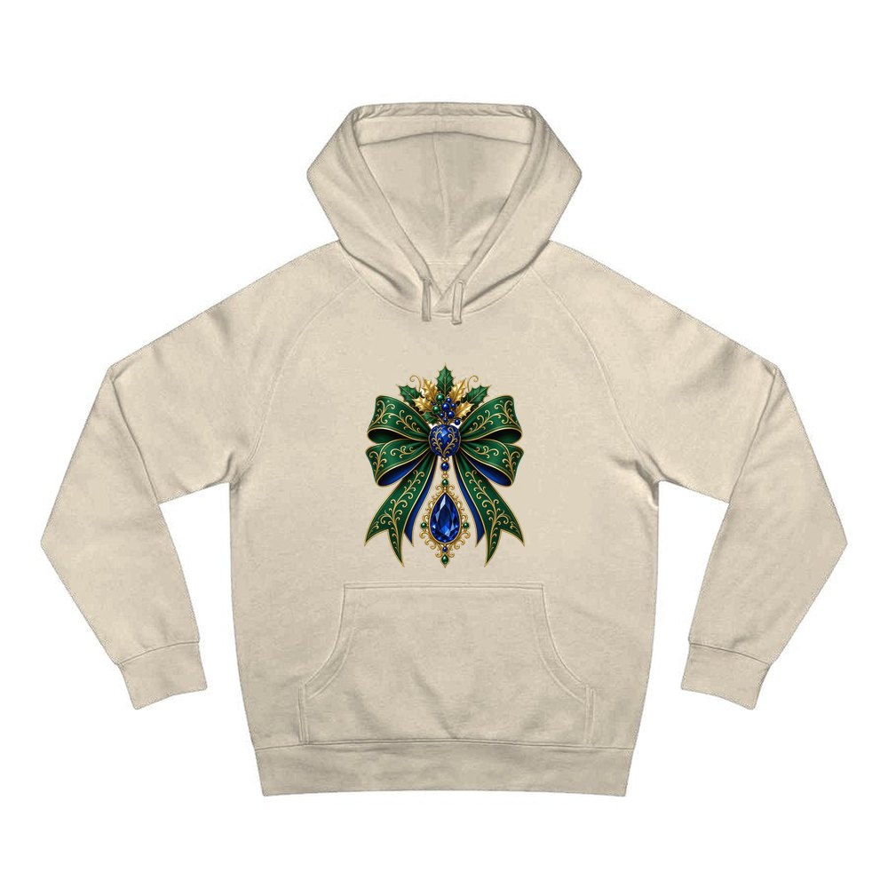 Emerald And Sapphire Jewelled Bow personalised Christmas hoodie in sand