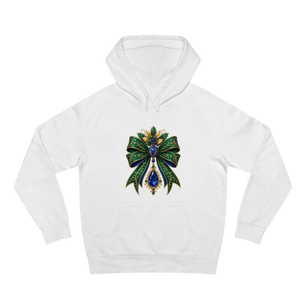 Emerald And Sapphire Jewelled Bow personalised Christmas hoodie in white