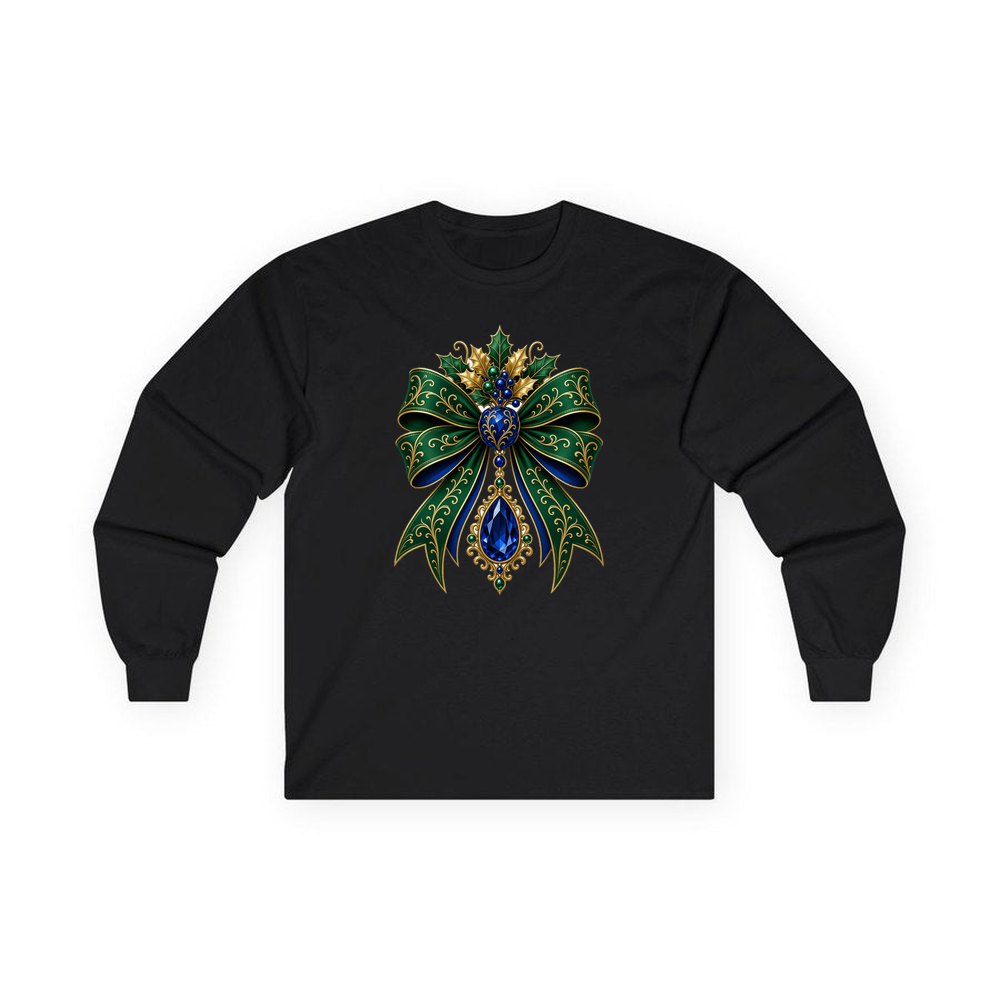 Emerald And Sapphire Jewelled Bow personalised long sleeve Christmas T-shirt in black