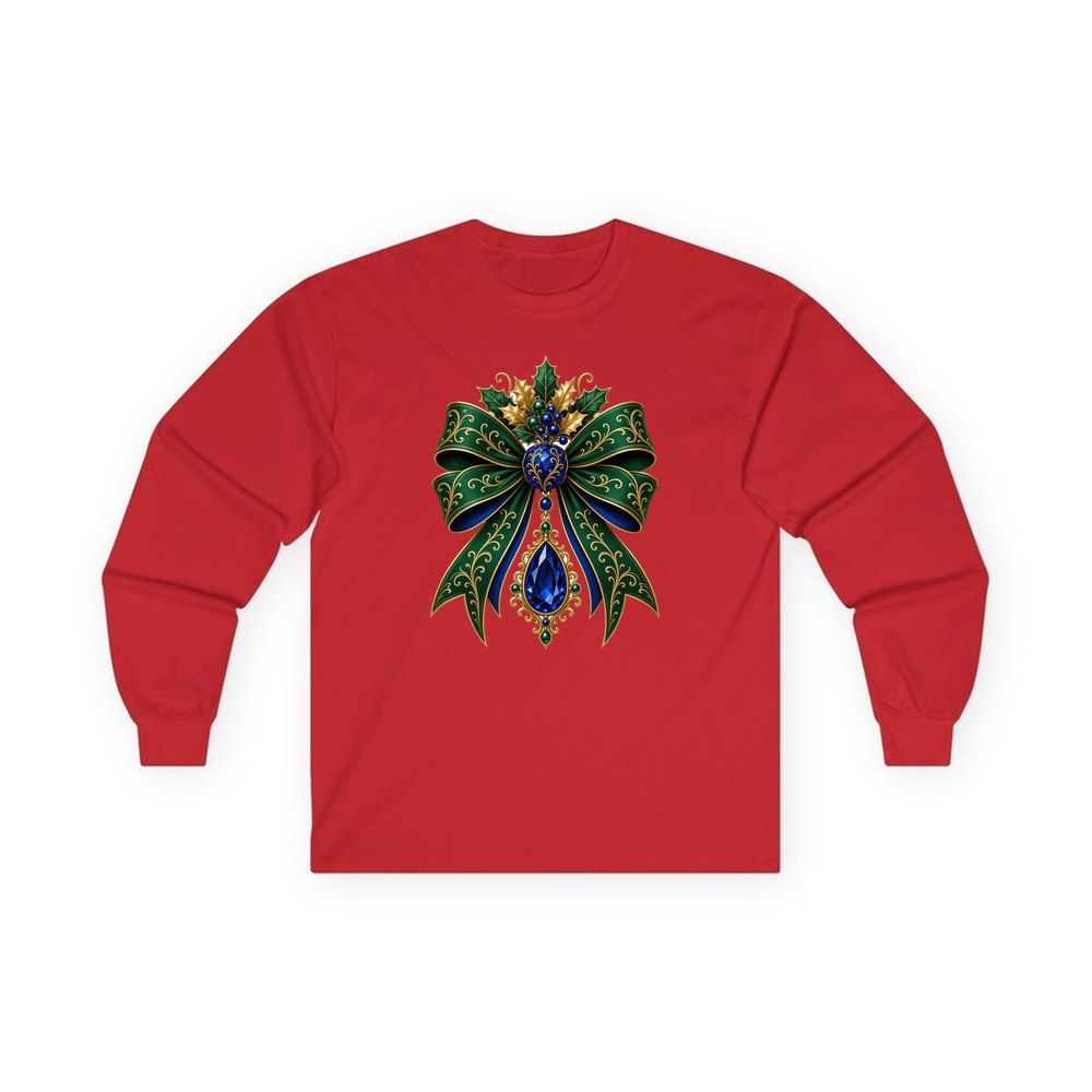 Emerald And Sapphire Jewelled Bow personalised long sleeve Christmas T-shirt in red