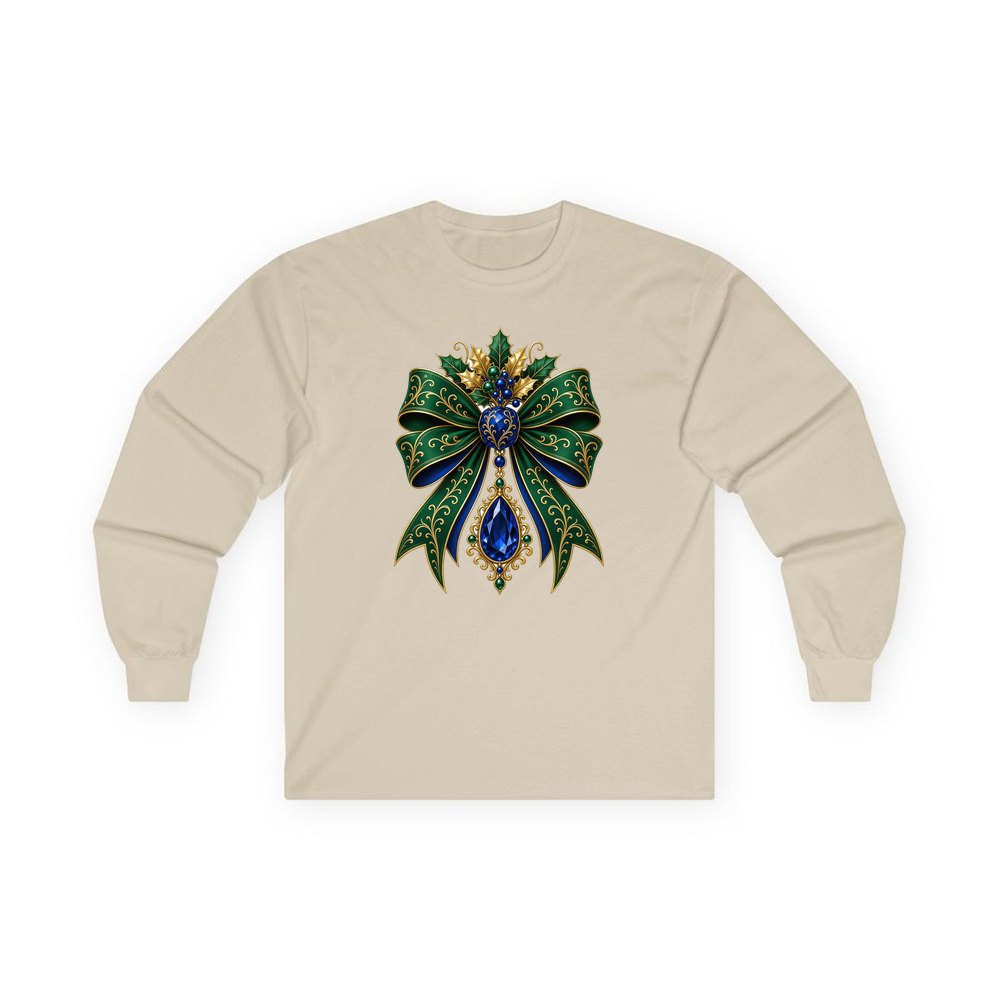 Emerald And Sapphire Jewelled Bow personalised long sleeve Christmas T-shirt in sand