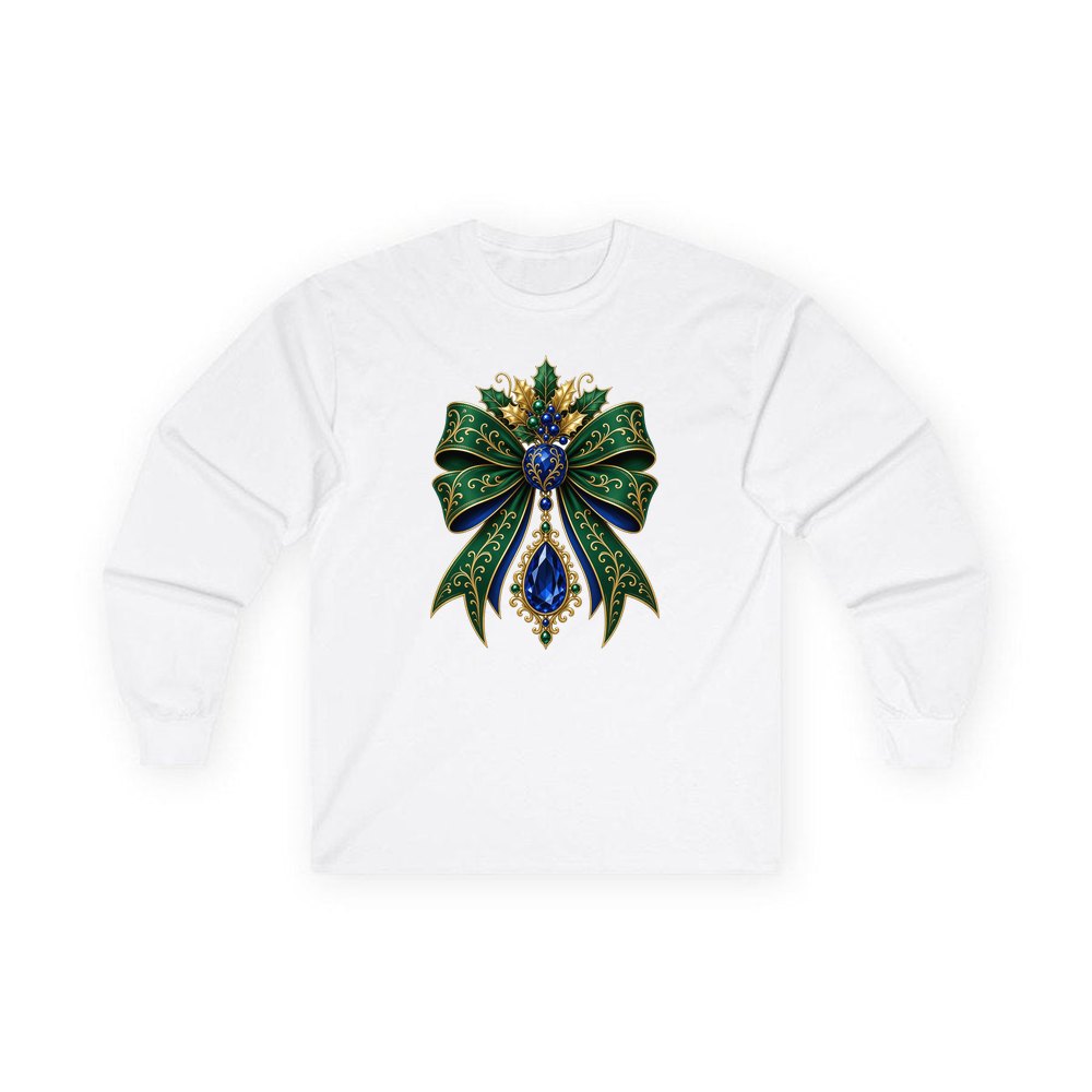 Emerald And Sapphire Jewelled Bow personalised long sleeve Christmas T-shirt in white