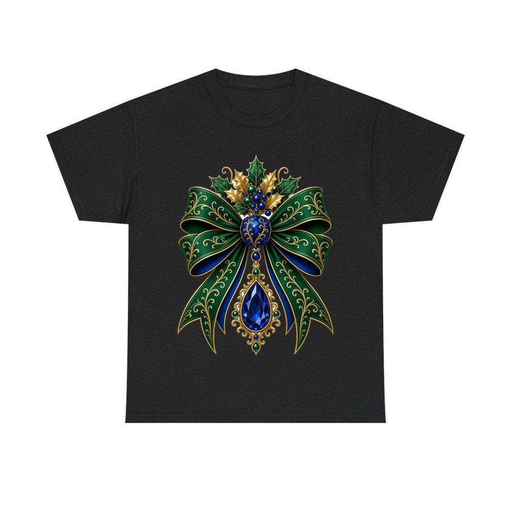 Emerald And Sapphire Jewelled Bow personalised Christmas T-shirt in black