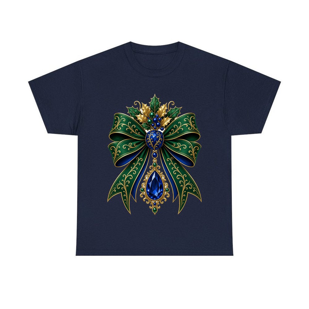 Emerald And Sapphire Jewelled Bow personalised Christmas T-shirt in navy