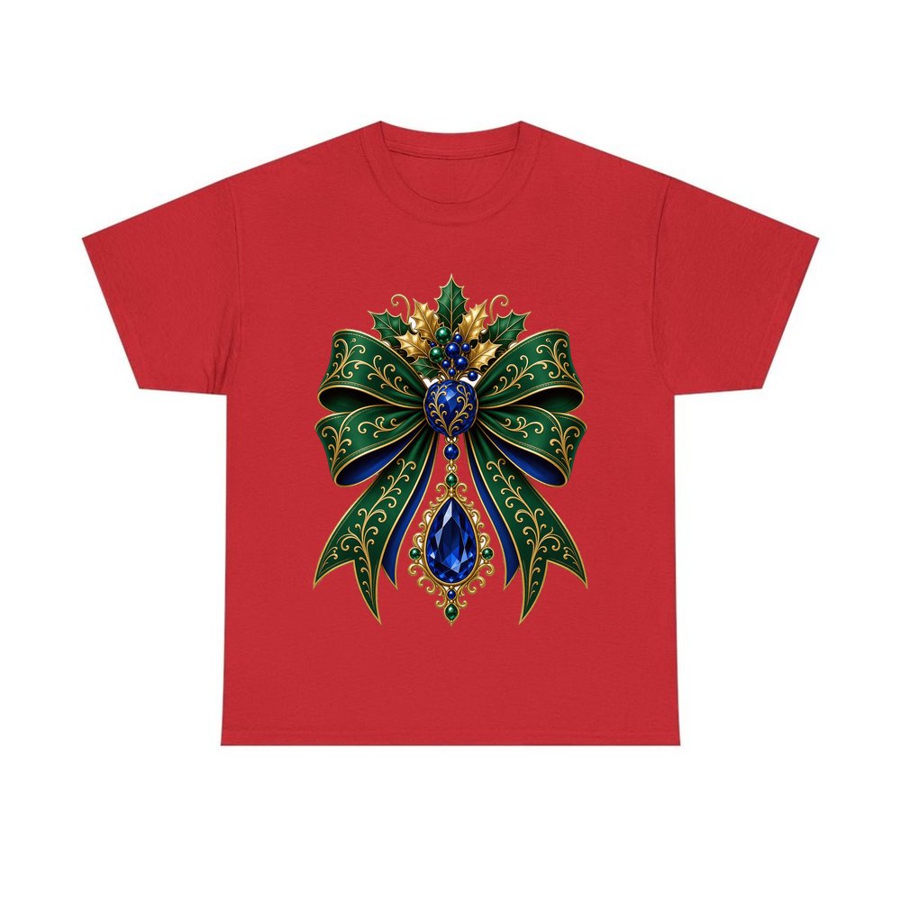 Emerald And Sapphire Jewelled Bow personalised Christmas T-shirt in red