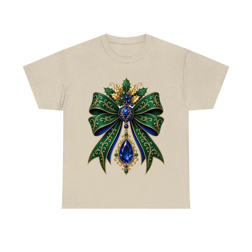 Emerald And Sapphire Jewelled Bow personalised Christmas T-shirt in sand