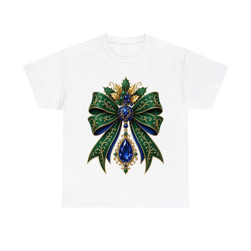 Emerald And Sapphire Jewelled Bow personalised Christmas T-shirt in white