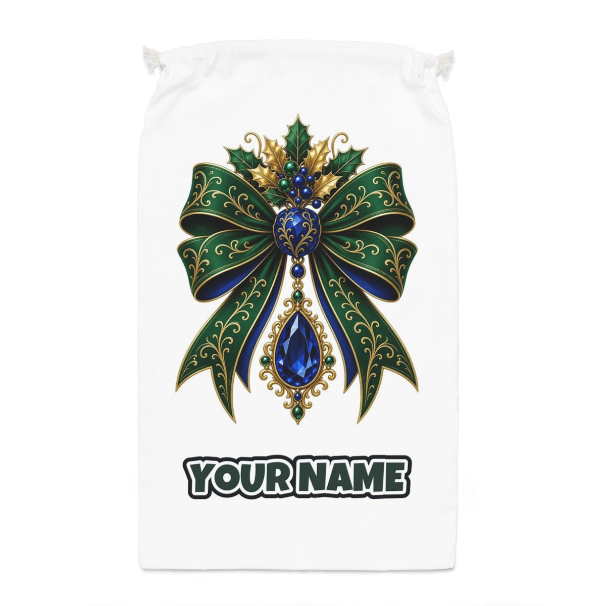 Emerald And Sapphire Jewelled Bow Santa sack laid flat, showing the full print