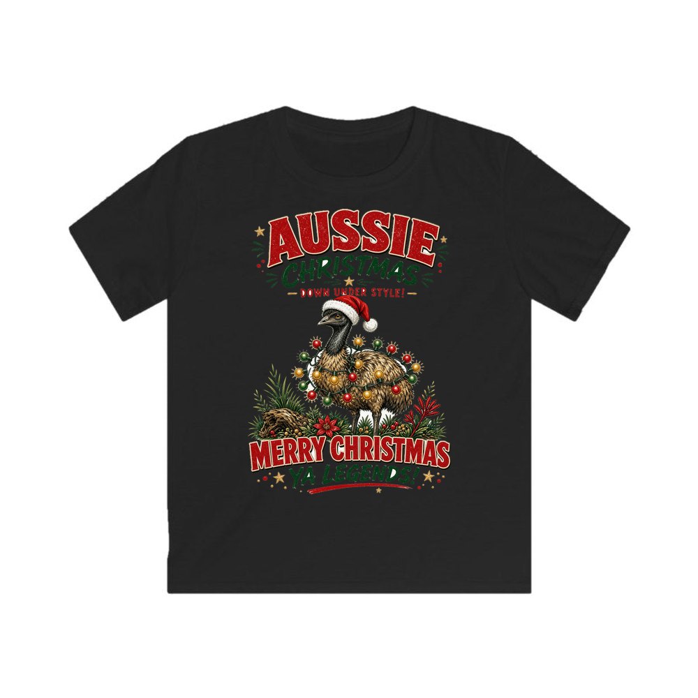 Emu in Christmas Lights personalised kids Christmas tee in black