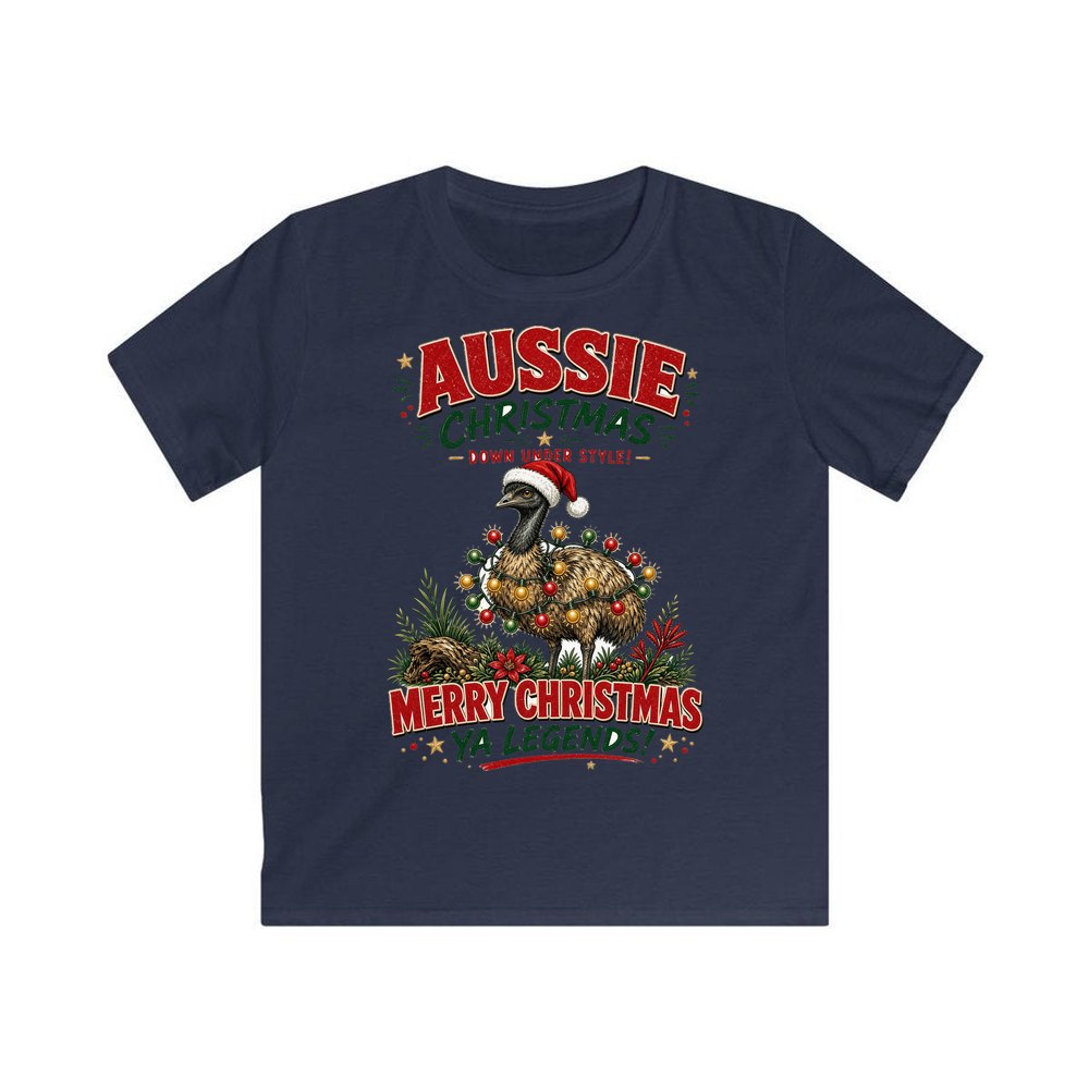 Emu in Christmas Lights personalised kids Christmas tee in navy