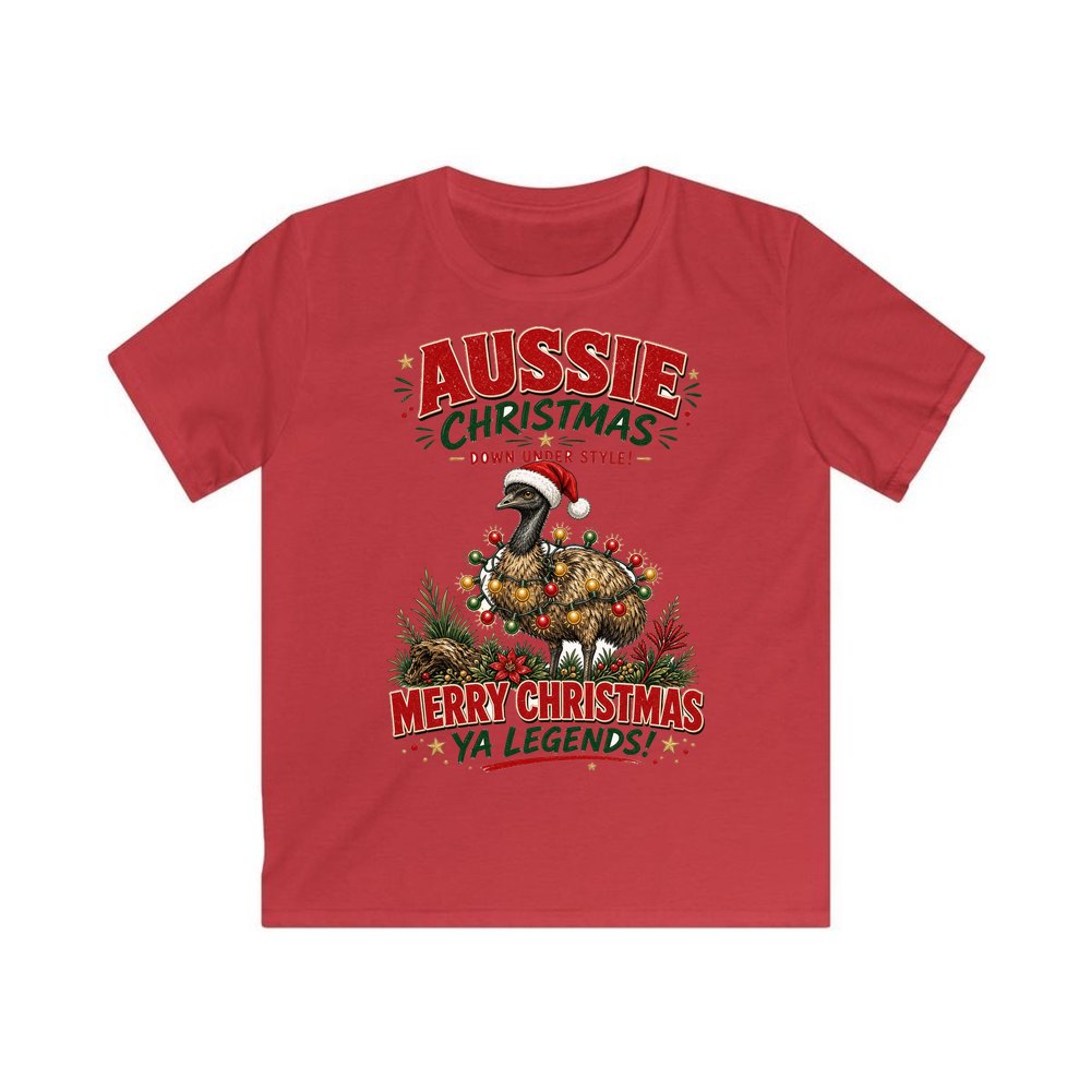 Emu in Christmas Lights personalised kids Christmas tee in red