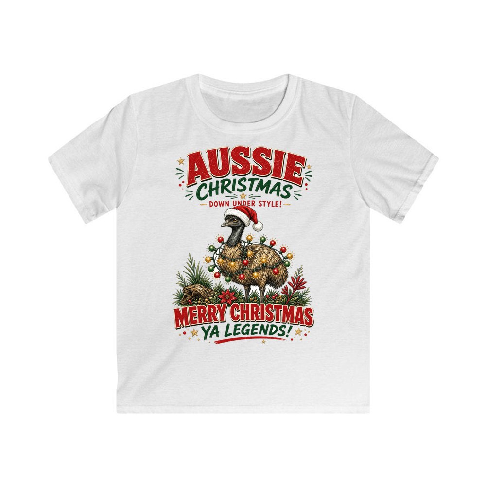 Emu in Christmas Lights personalised kids Christmas tee in white