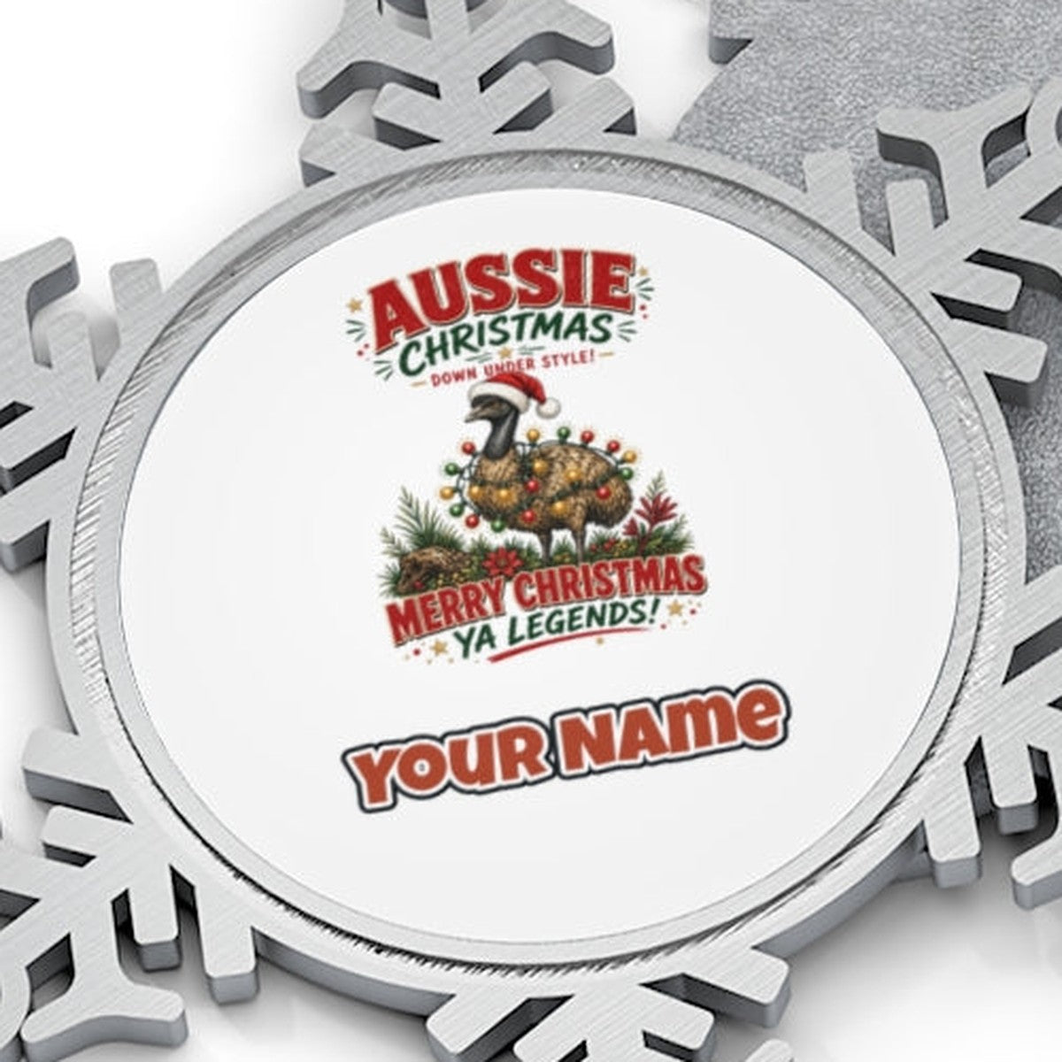 Emu in Christmas Lights Personalised Pewter Christmas Ornament