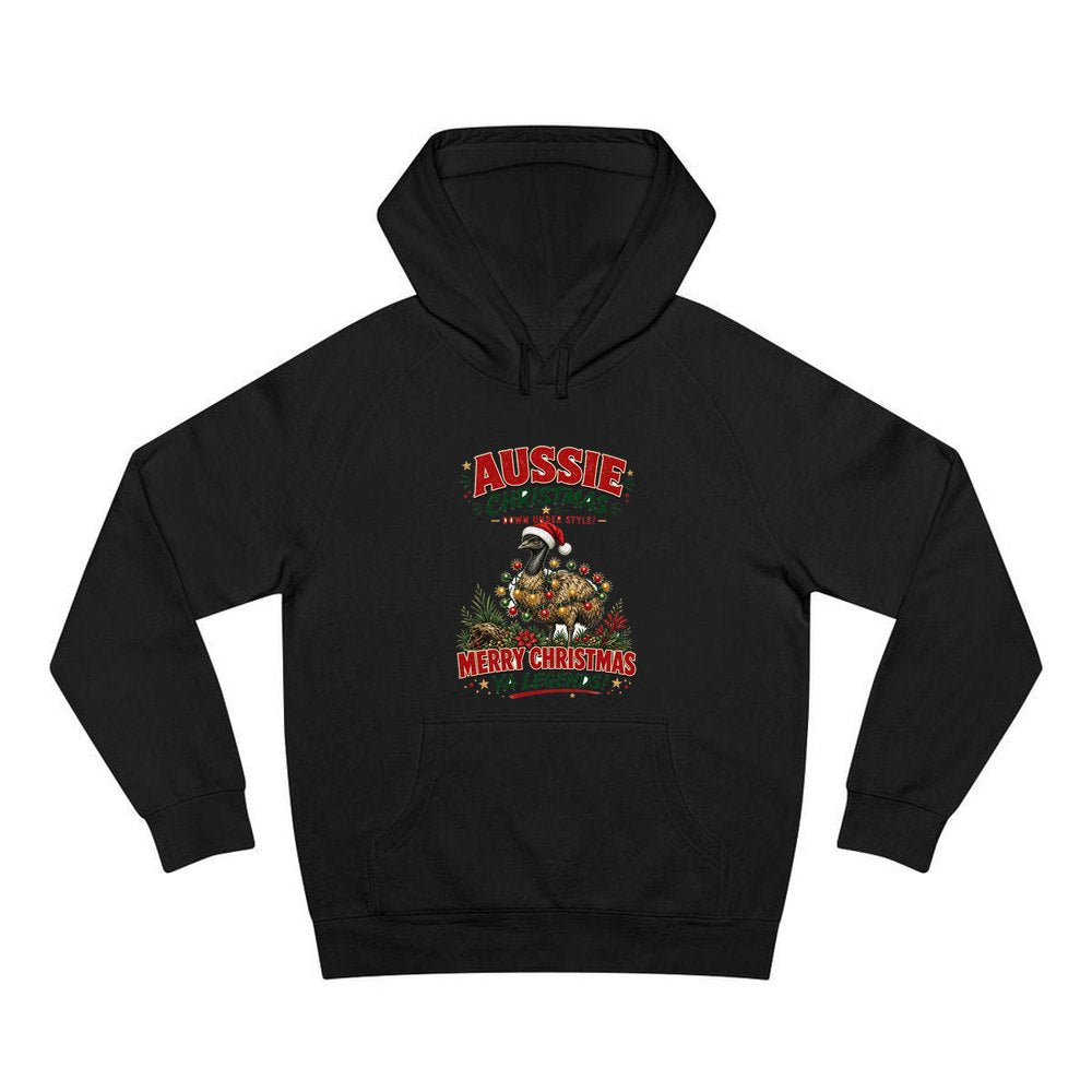 Emu in Christmas Lights personalised Christmas hoodie in black