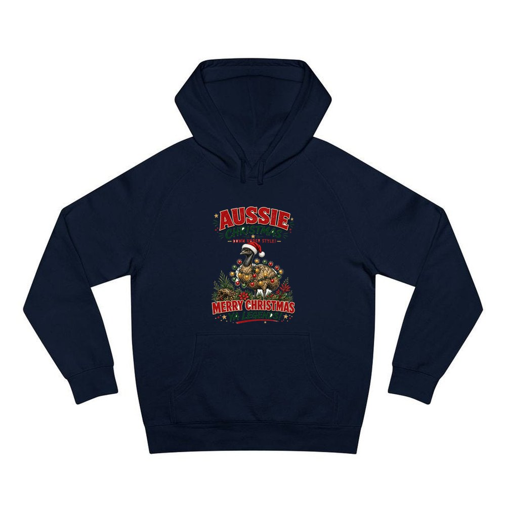 Emu in Christmas Lights personalised Christmas hoodie in navy