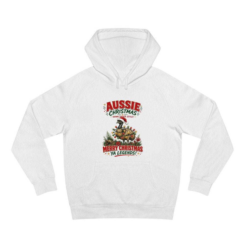 Emu in Christmas Lights personalised Christmas hoodie in white