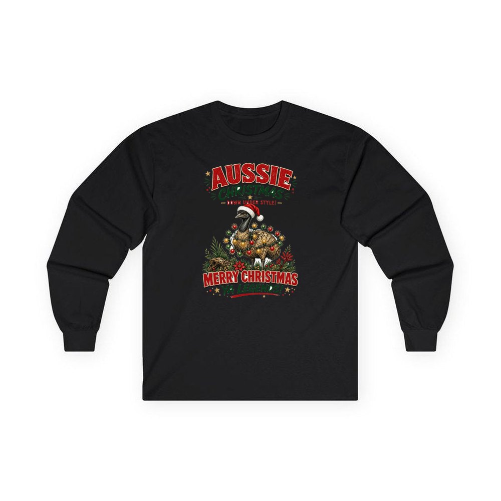 Emu in Christmas Lights personalised long sleeve Christmas T-shirt in black