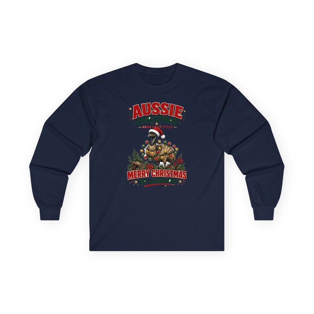 Emu in Christmas Lights personalised long sleeve Christmas T-shirt in navy