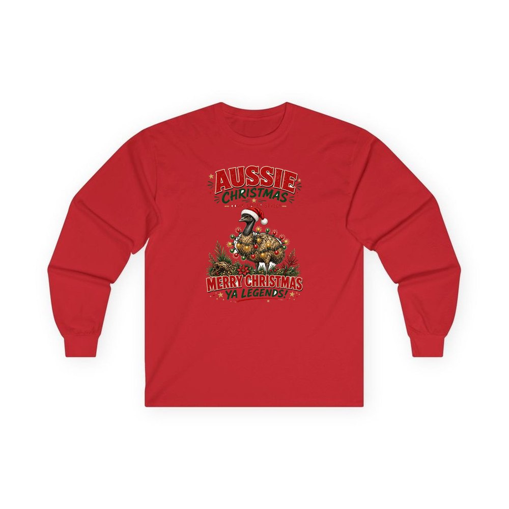Emu in Christmas Lights personalised long sleeve Christmas T-shirt in red
